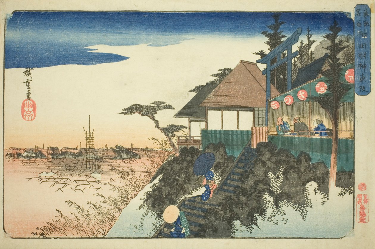 Východní výstup do svatyně Kanda Myojin (Kanda Myojin higashizaka), ze série „Slavná místa ve východním hlavním městě (Toto meisho)“ od Utagawa Hiroshige