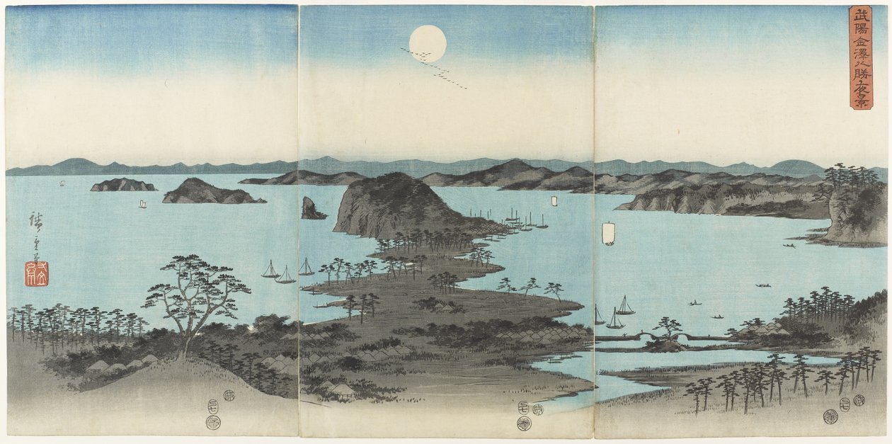 Osm pohledů na Kanazawu v provincii Musaši v noci, červenec 1857 od Utagawa Hiroshige
