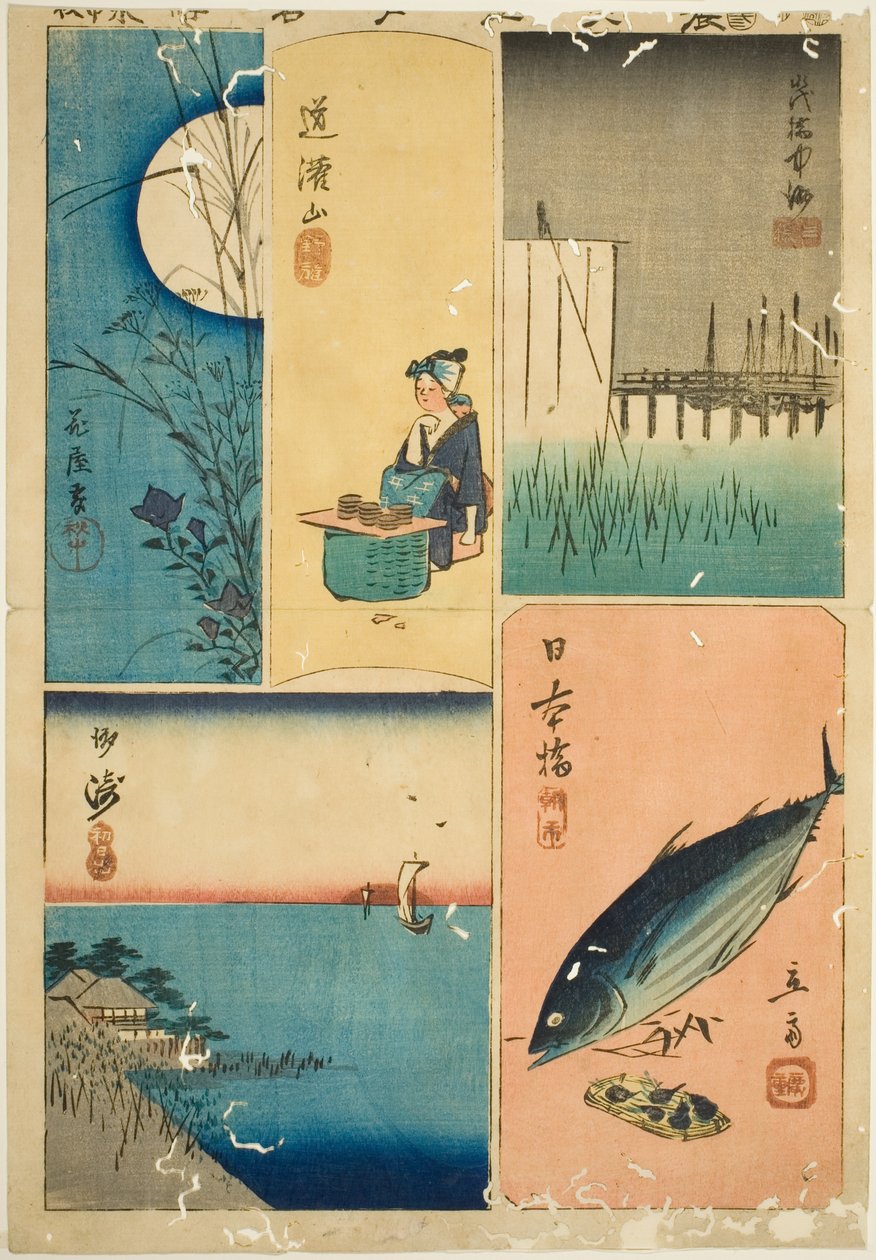 Eitai Bridge, Nihon Bridge, Susaki, Květná zahrada a Dokan Hill (Eitaibashi, Nihonbashi, Susaki, Hanayashiki, Dokanyama), ze série "Vystřihovánky slavných míst v Edo (Harimaze Koto meisho)" od Utagawa Hiroshige
