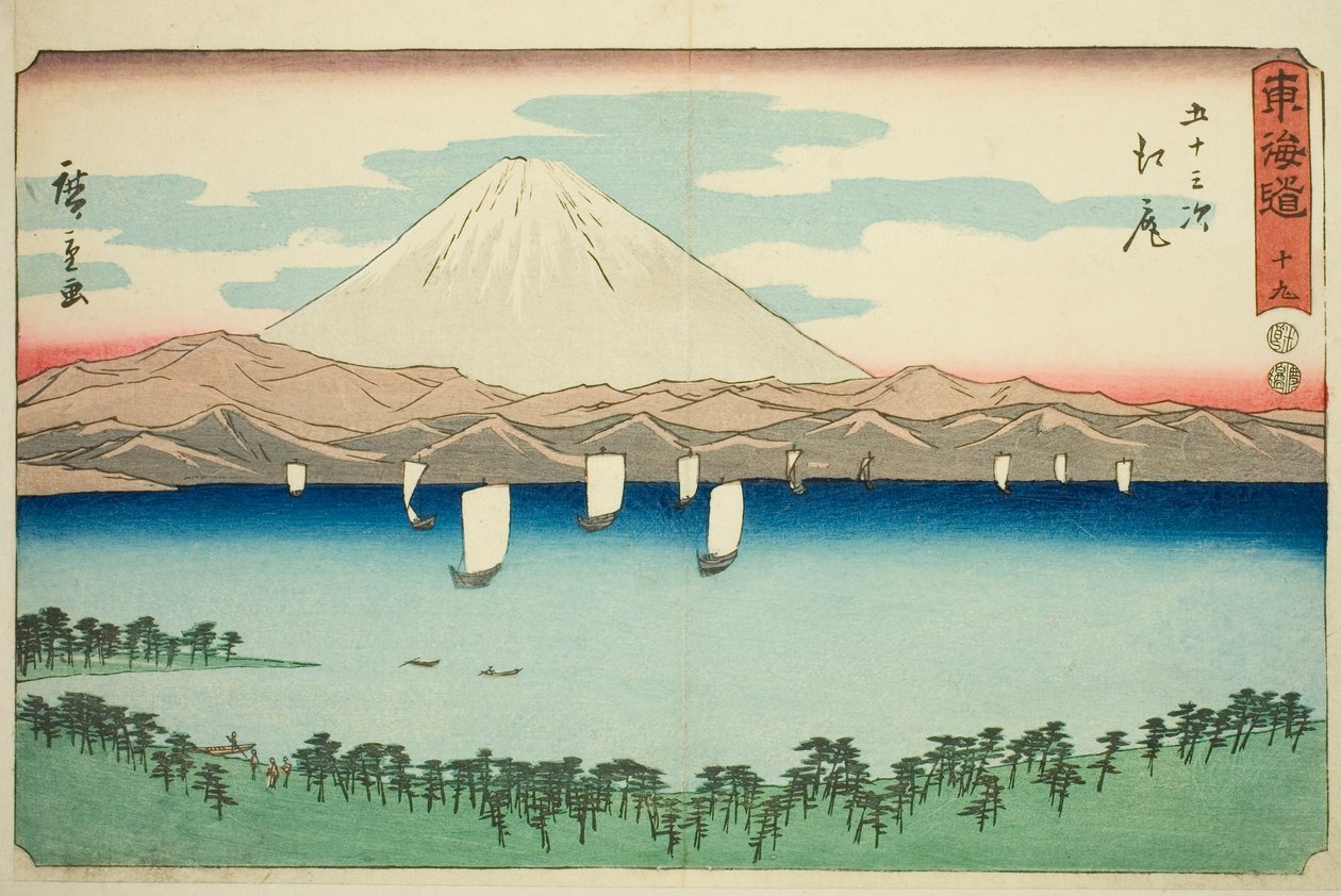 Ejiri – Ne. 19, ze série "Padesát tři stanic Tokaida (Tokaido gojusan tsugi)," také známé jako Reisho Tokaido od Utagawa Hiroshige