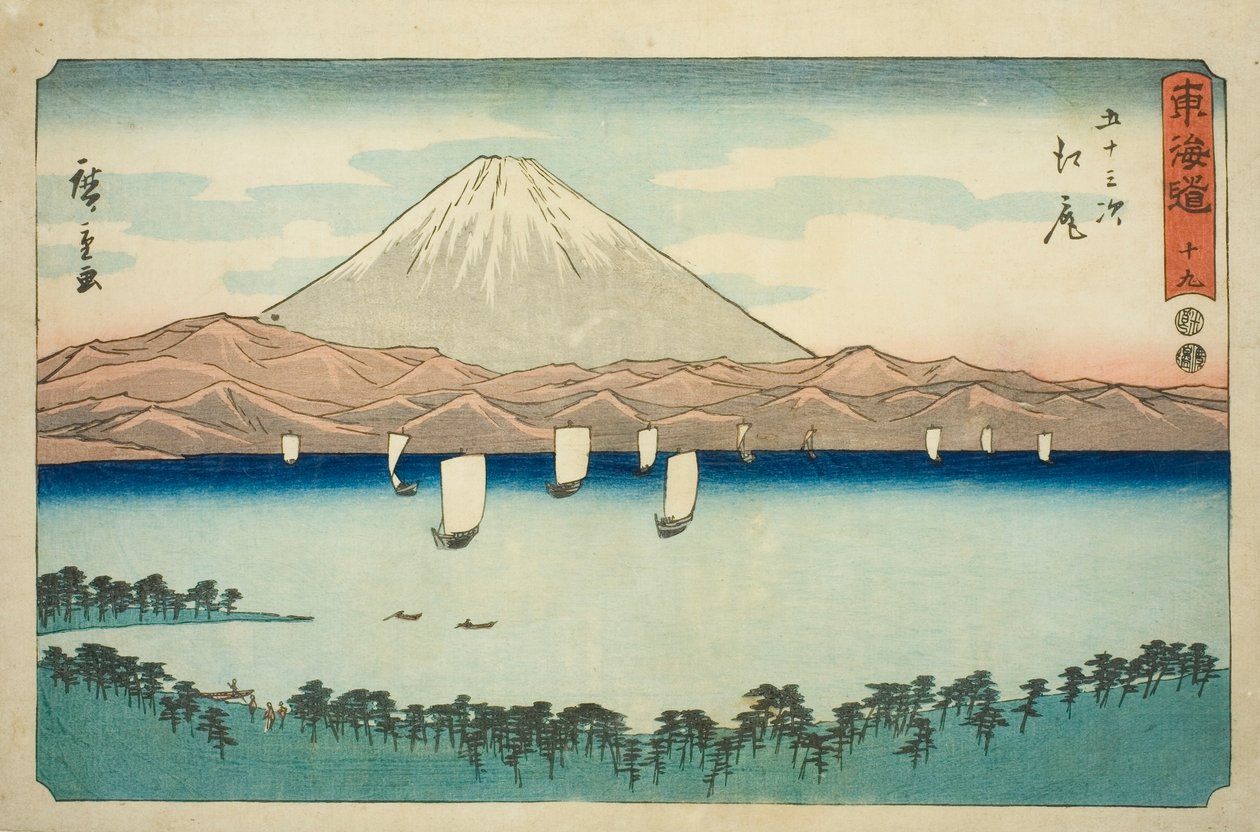 Ejiri – Ne. 19, ze série "Padesát tři stanic Tokaida (Tokaido gojusan tsugi)," také známé jako Reisho Tokaido od Utagawa Hiroshige