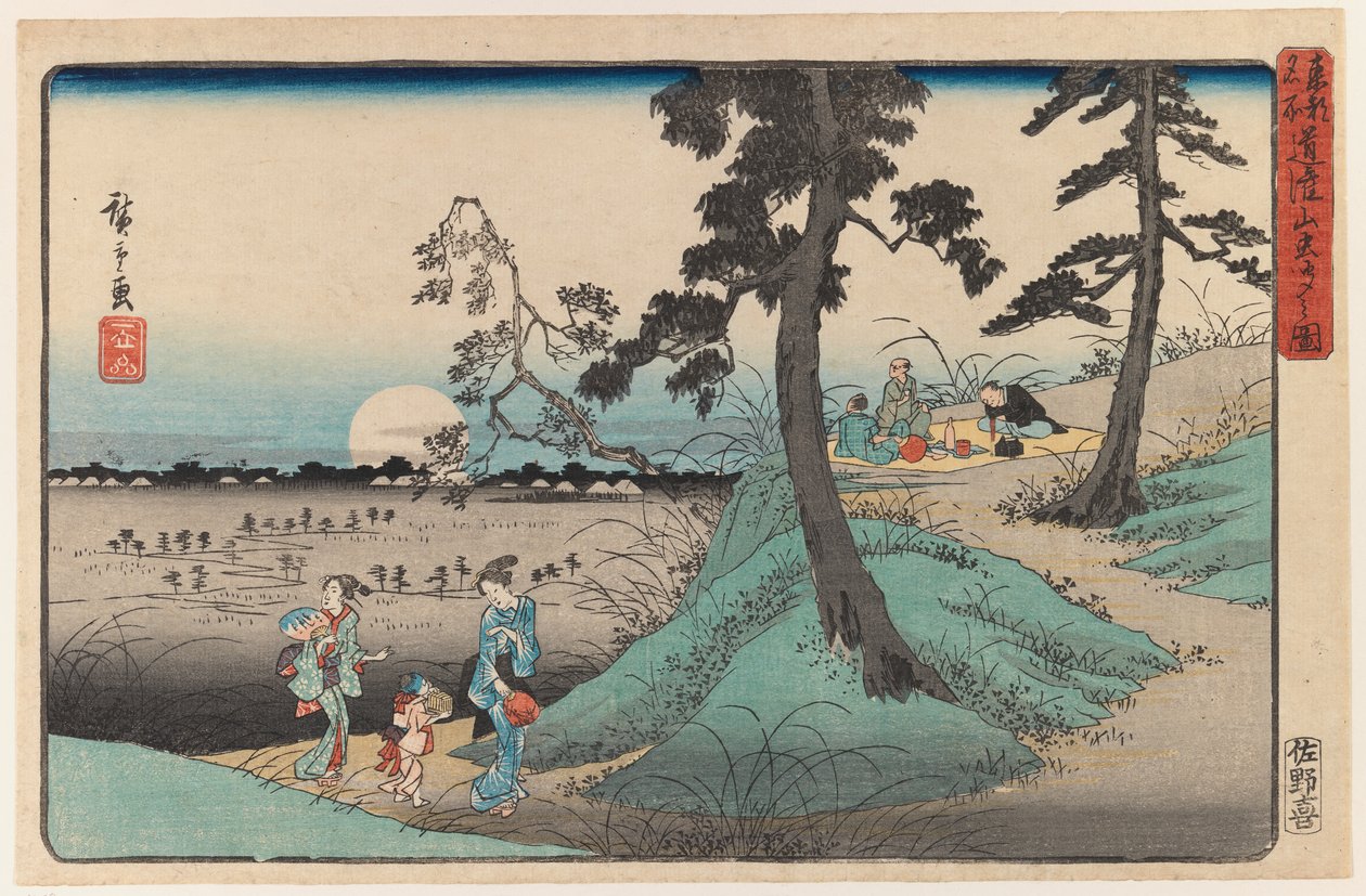 Enjoying the Insect at Dokanzana in Moon Night, ze série View of Edo (barevný dřevotisk) od Utagawa Hiroshige