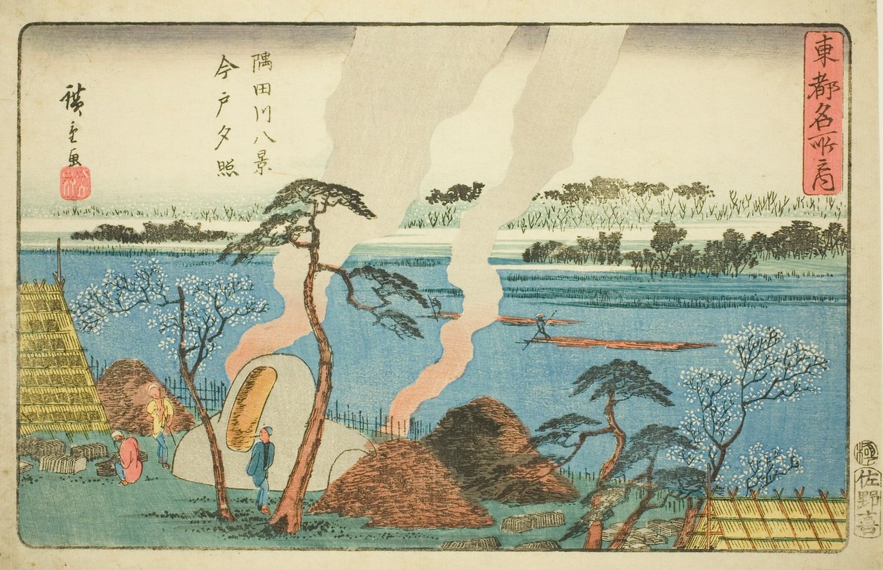 Osm pohledů na řeku Sumida (Sumidagawa Hakkei, Imado Sekisho), ze série "Toto Meisho No Uchi" od Utagawa Hiroshige