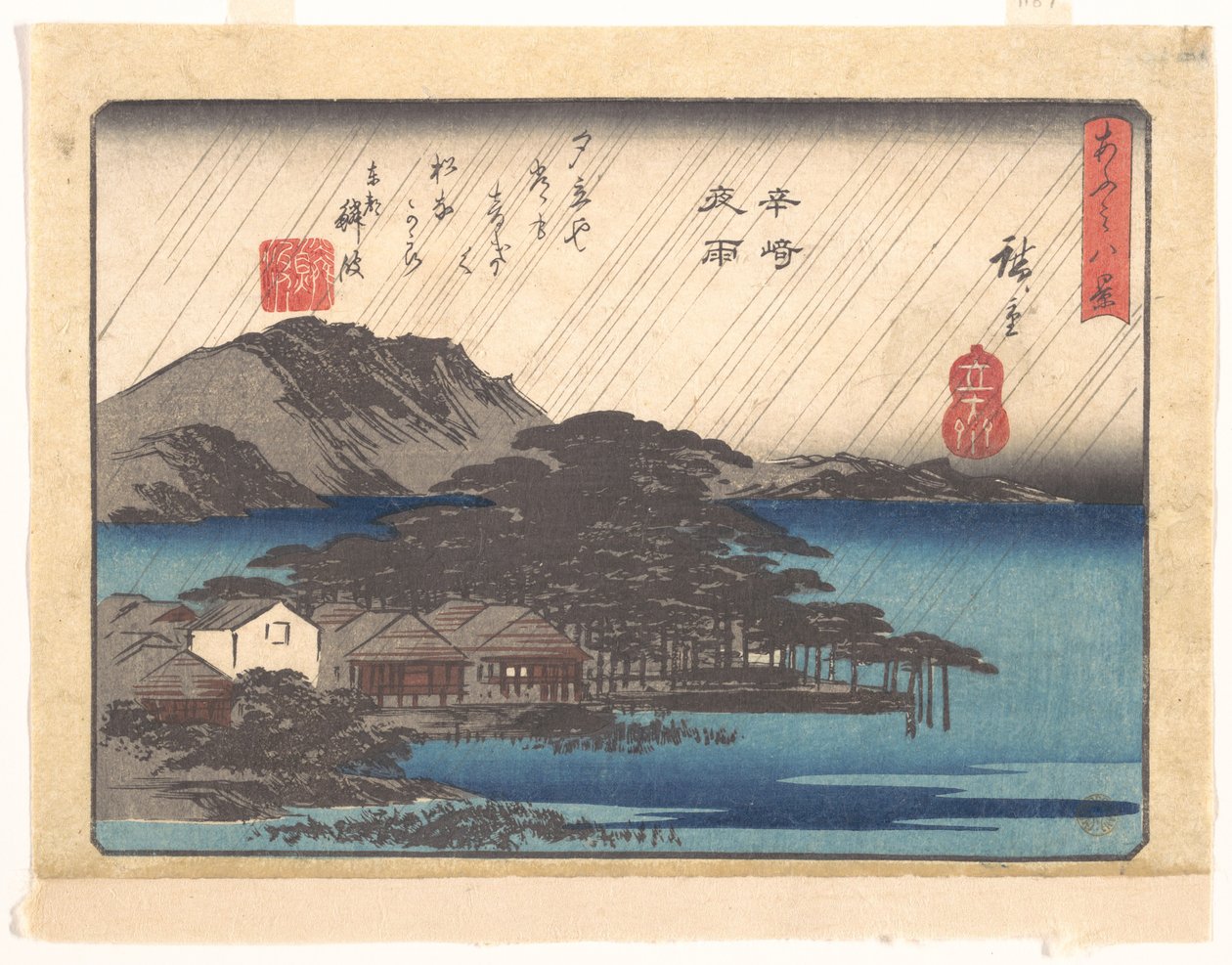 Večerní déšť v Karasaki, ze série Osm pohledů na Ōmi (Ōmi hakkei) od Utagawa Hiroshige