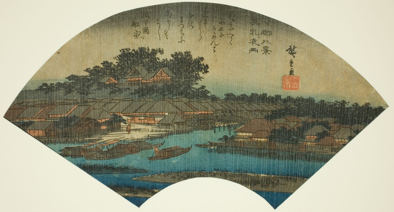 Večerní déšť v Matsuchiyama (Matsuchiyama yau), ze série „Osm pohledů na východní hlavní město (Toto hakkei)“ od Utagawa Hiroshige