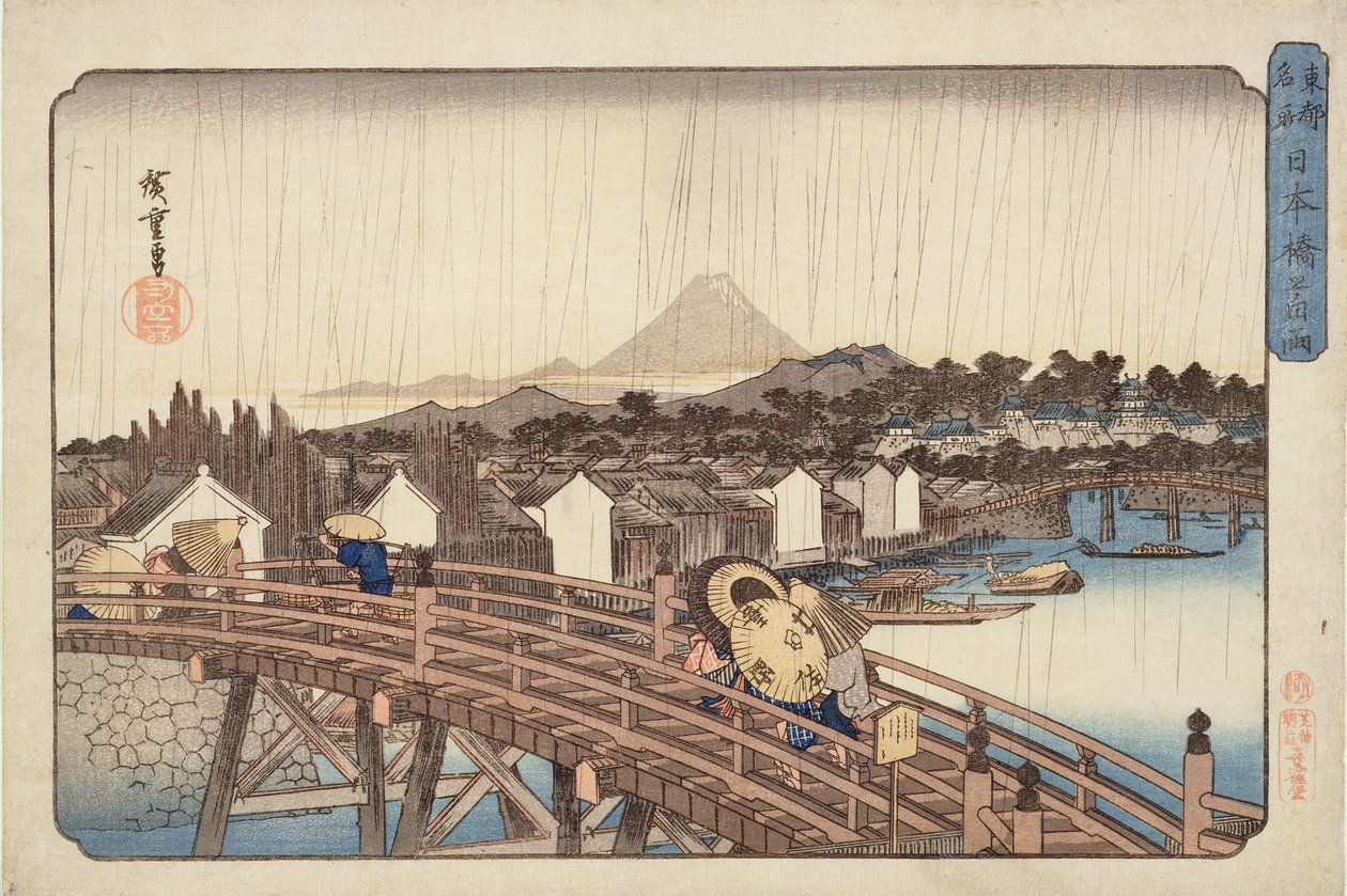 Večerní sprcha na mostě Nihonbashi, od Slavných míst východního hlavního města c. 1832 (barevný tisk dřevěných bloků) od Utagawa Hiroshige