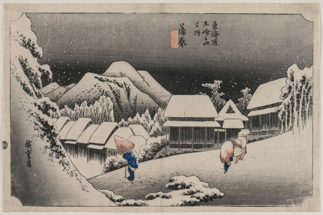 Večerní sníh na Kambaře (číslo šestnáct ze série Padesát tři stanic Tokaida) od Utagawa Hiroshige