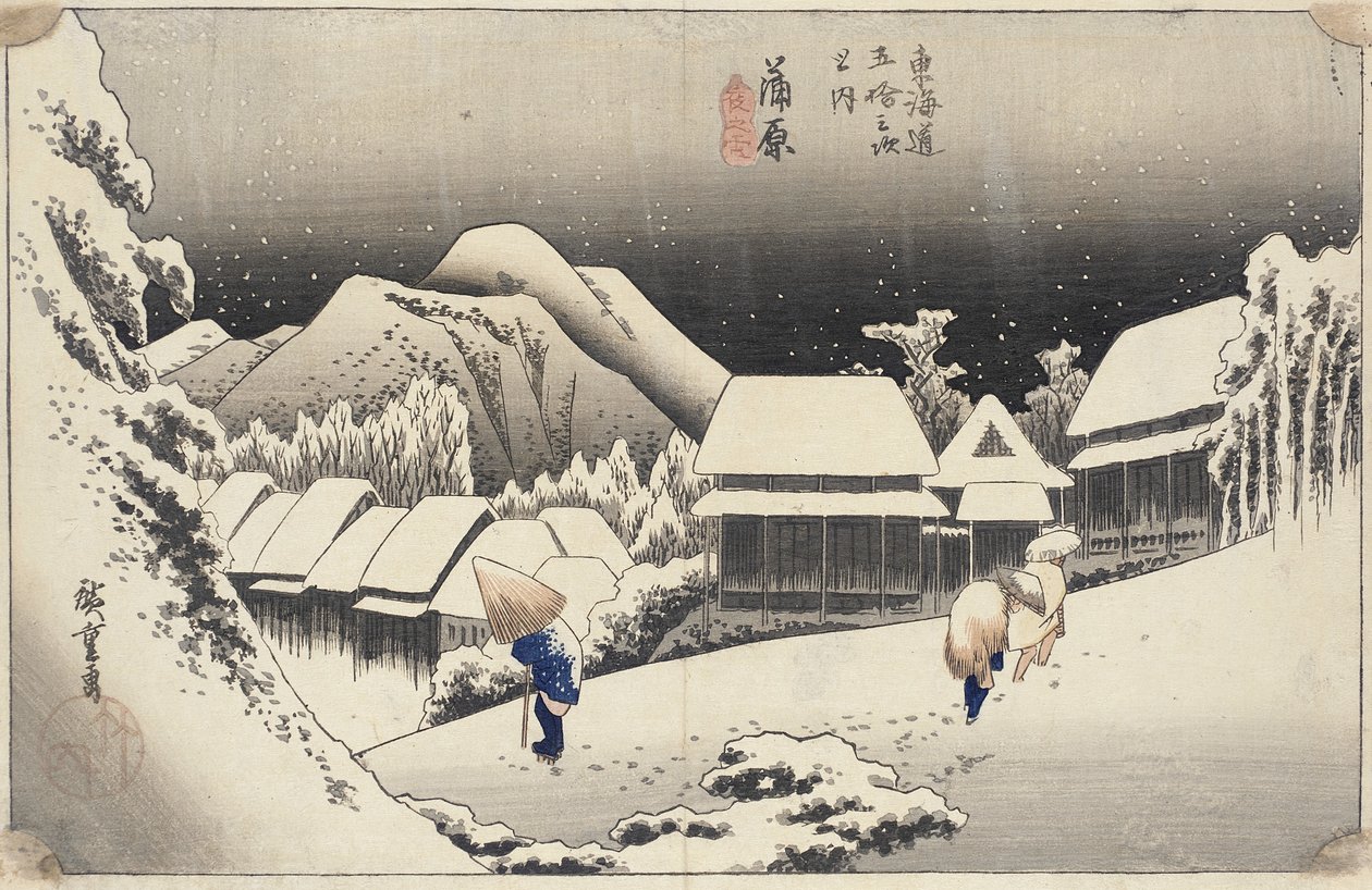 Večerní sníh v Kanbara ze série 53 stanic Tokaida, kolem 1833-4 (barevný dřevořez) od Utagawa Hiroshige