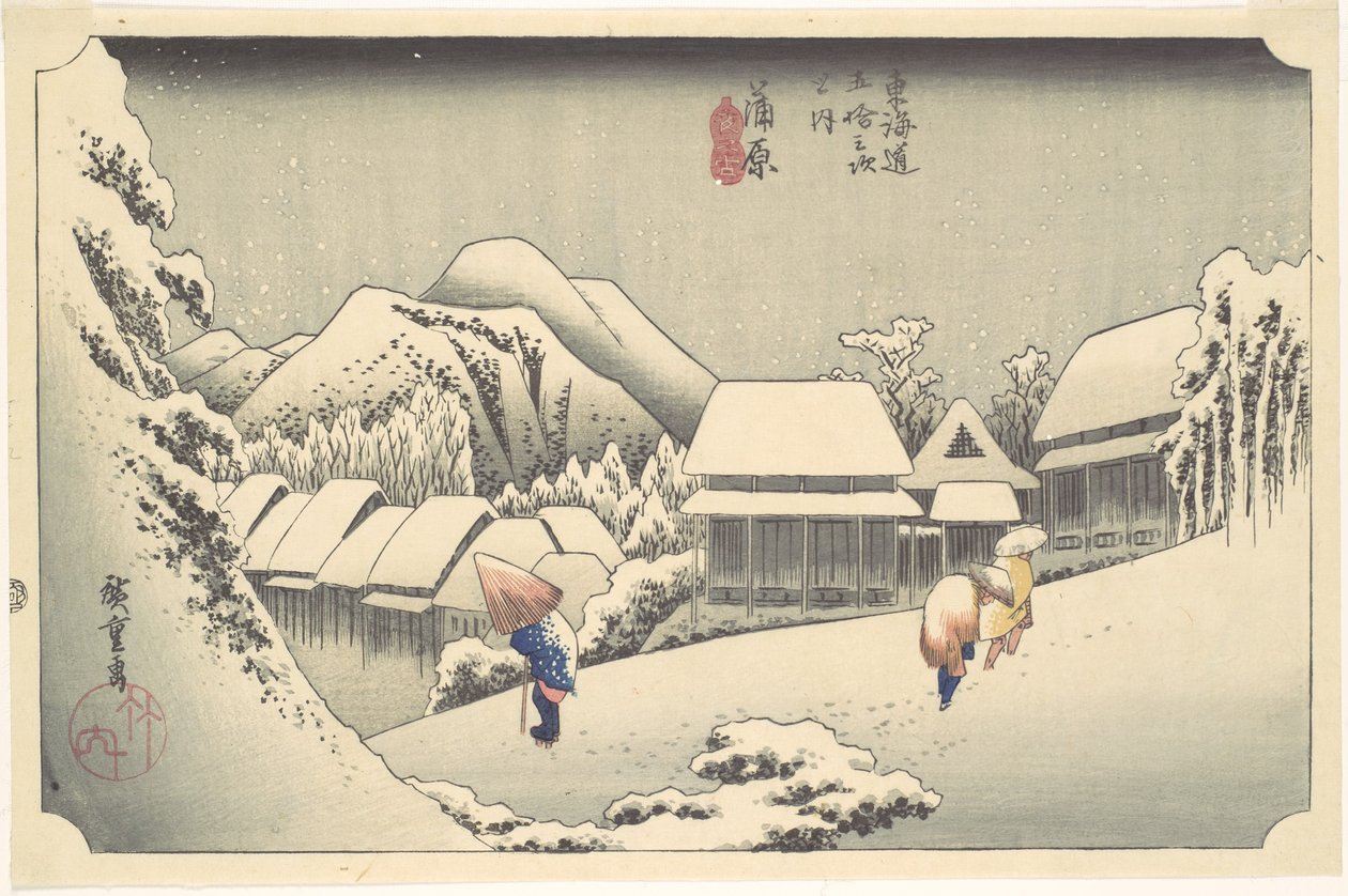 Večerní sníh v Kanbaře, ze série „Padesát tři stanic na Tōkaidō“ od Utagawa Hiroshige