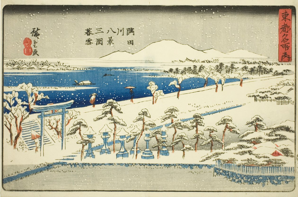 Večerní sníh v Mimeguri, Osm pohledů na řeku Sumida (Sumidagawa hakkei, Mimeguri bosetsu), ze série „Slavná místa ve východním hlavním městě (Toto meisho no uchi)“ od Utagawa Hiroshige