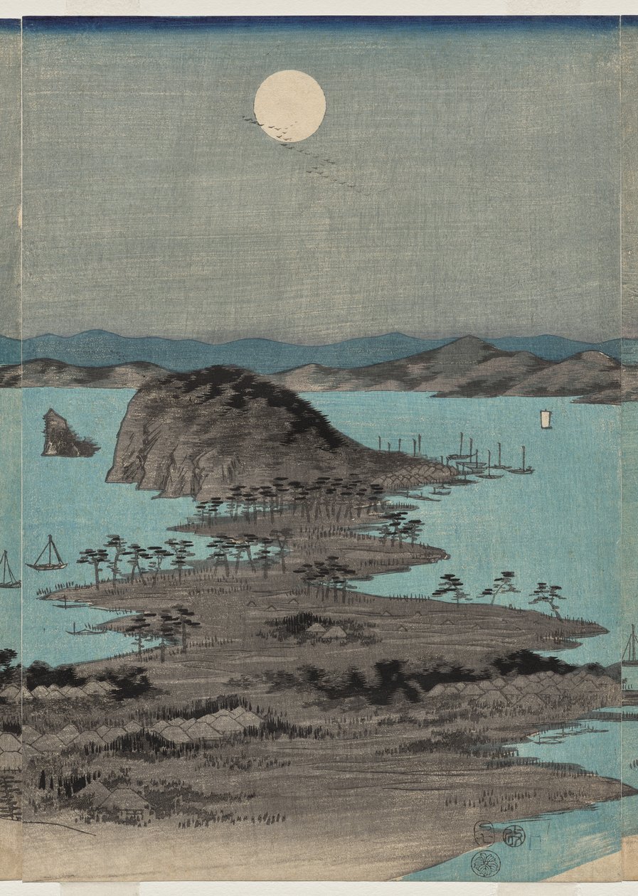 Večerní pohled na osm slavných míst poblíž Kanazawy za úplňku v provincii Musashi od Utagawa Hiroshige