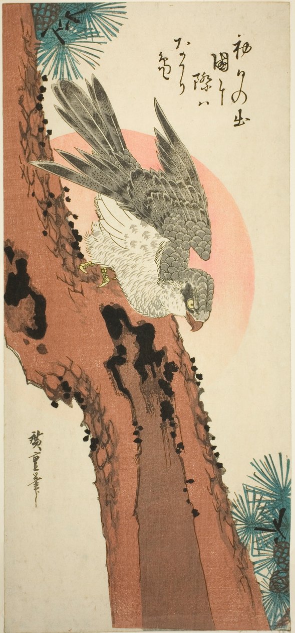Sokol na borovici s vycházejícím sluncem od Utagawa Hiroshige