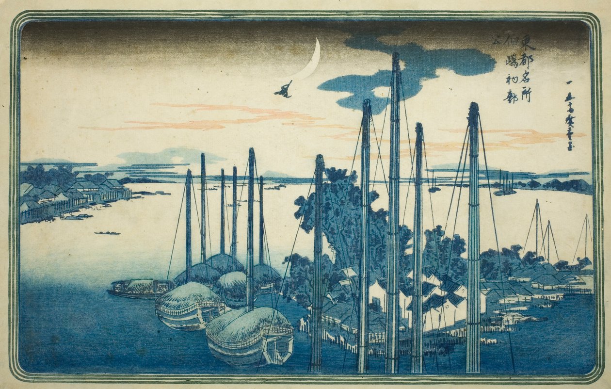 První kukačka roku na ostrově Tsukuda (Tsukudajima, hatsu hototogisu), ze série „Slavné pohledy na východní hlavní město (Toto Meisho)“ od Utagawa Hiroshige