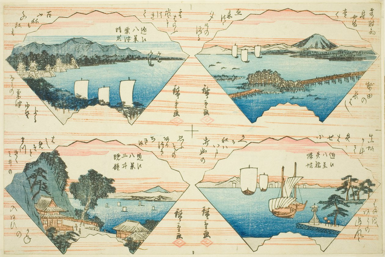 Čtyři pohledy ze série Osm pohledů na Omi (Omi Hakkei) od Utagawa Hiroshige