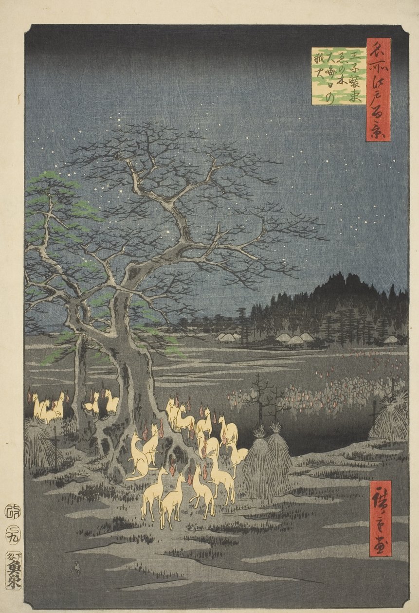 Liščí ohně na Silvestra u stromu proměny v Ódži (Ódži šózoku enoki omisoka no kitsunebi), ze série "Sto slavných pohledů na Edo (Meišó Edo hjakkei)". od Utagawa Hiroshige