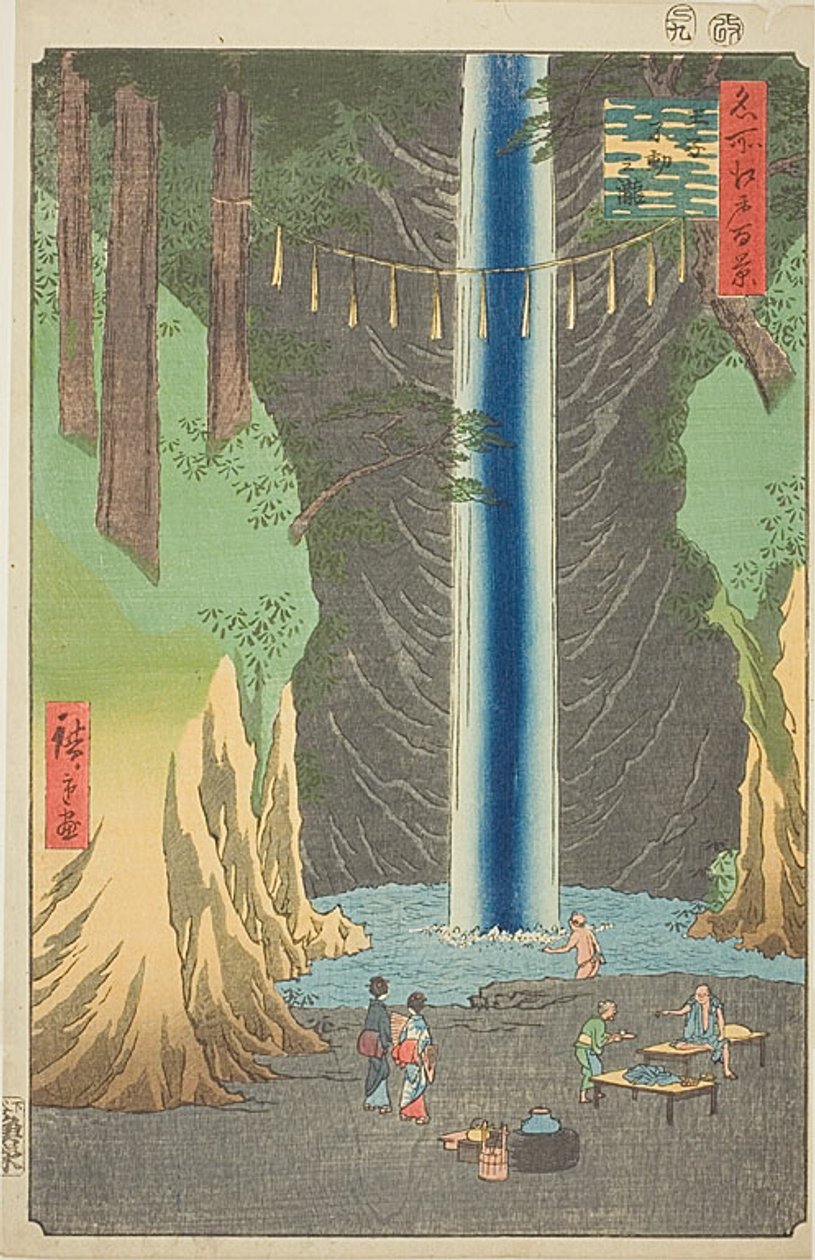 Vodopády Fudo v Ódži (Ódži Fudo no taki), č. 49 ze série "Sto slavných pohledů na Edo (Meisho Edo hyakkei)". od Utagawa Hiroshige