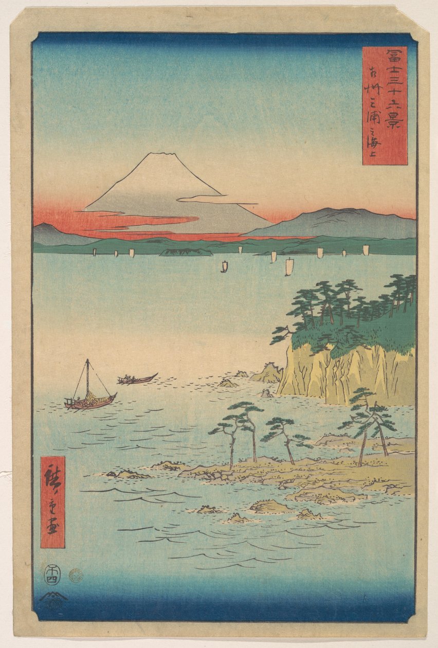 Fudži z Miury v Sagami (Soshu Miura no Kaijo), ze série „Třicet šest pohledů na horu Fudži“ (Fugaku sanjūrokkei) od Utagawa Hiroshige