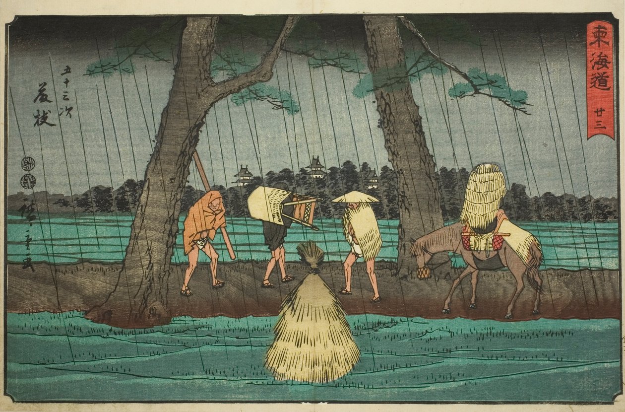 Fujieda – Ne. 23, ze série "Padesát tři stanic Tokaida (Tokaido gojusan tsugi)," také známé jako Reisho Tokaido od Utagawa Hiroshige