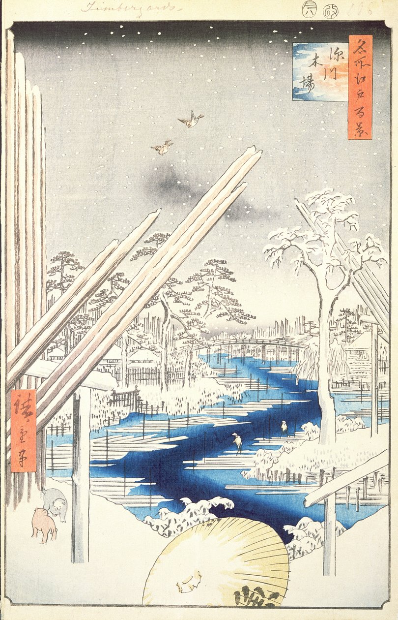 Fukagawa Lumberyards, č. 106 ze Sto slavných pohledů na Edo, 1856 (barevný tisk ze dřeva) od Utagawa Hiroshige