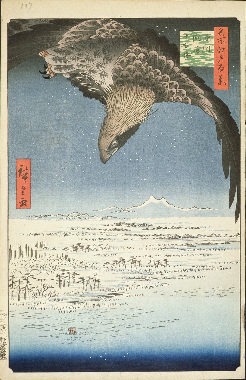 Fukagawa Susaki a Jumantsubo, č. 107 ze Sto slavných pohledů na Edo, 1857 (barevný tisk ze dřeva) od Utagawa Hiroshige