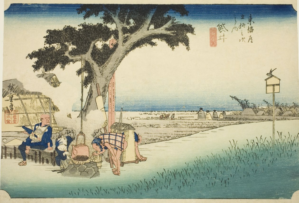 Fukuroi: Čajový stánek (Fukuroi, dejaya no zu), ze série "Padesát tři stanic Tokaida (Tokaido gojusan tsugi no uchi)", také známý jako Hoeido Tokaido od Utagawa Hiroshige