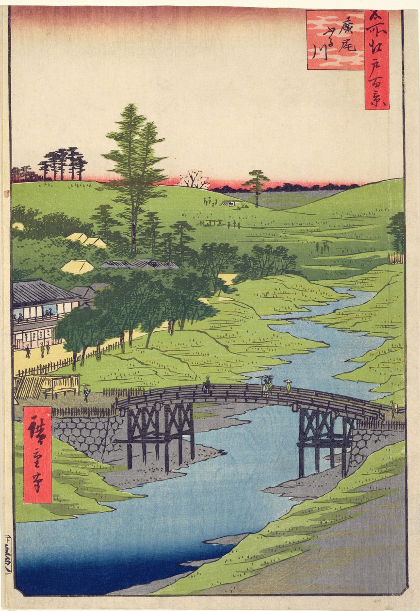 Řeka Furukawa, Hiroo ze Sto slavných pohledů na Edo červenec 1856 (barevný tisk ze dřeva) od Utagawa Hiroshige