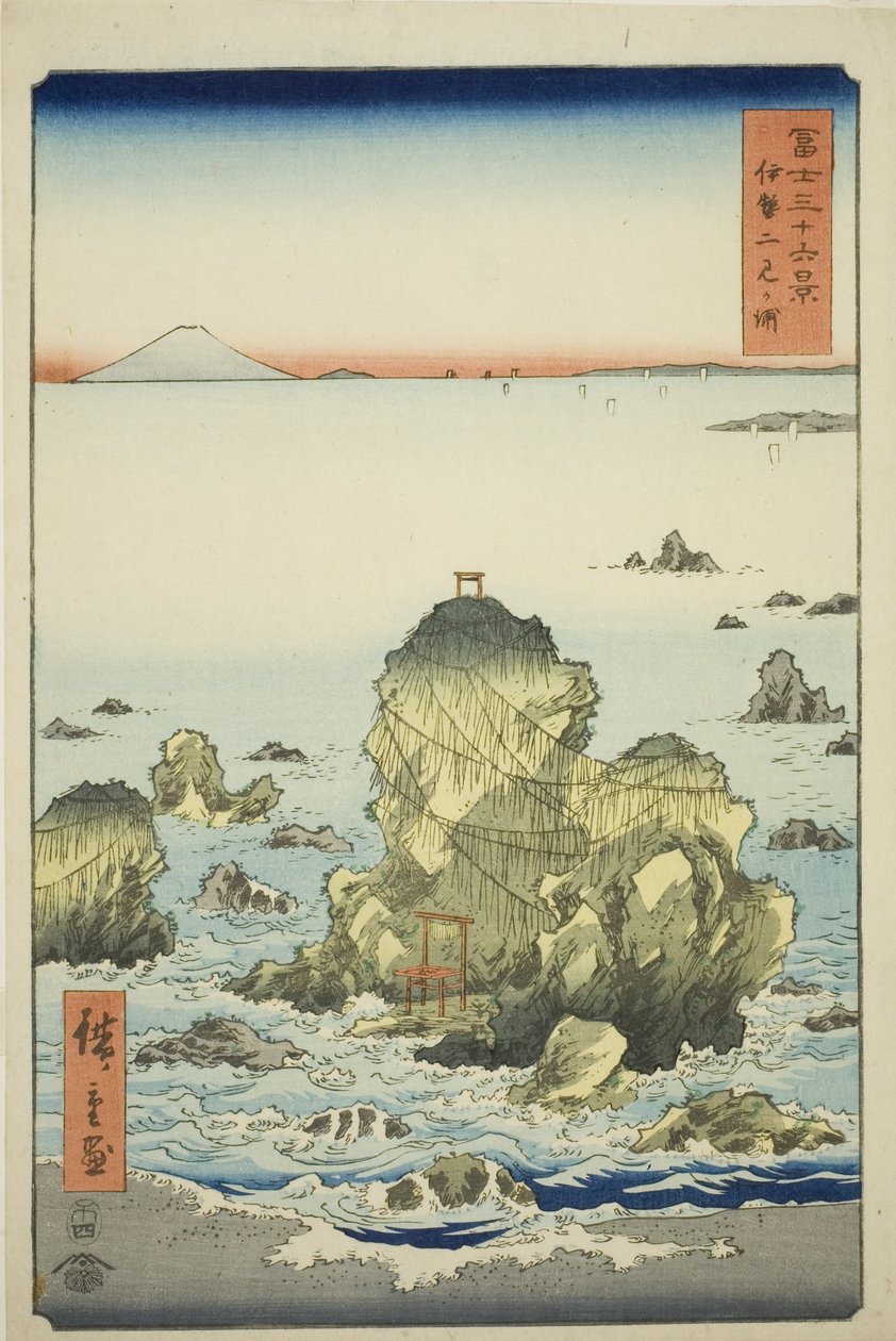 Futami Bay v provincii Ise (Ise Futamigaura), ze série „Třicet šest pohledů na horu Fuji (Fuji sanjurokkei)“ od Utagawa Hiroshige