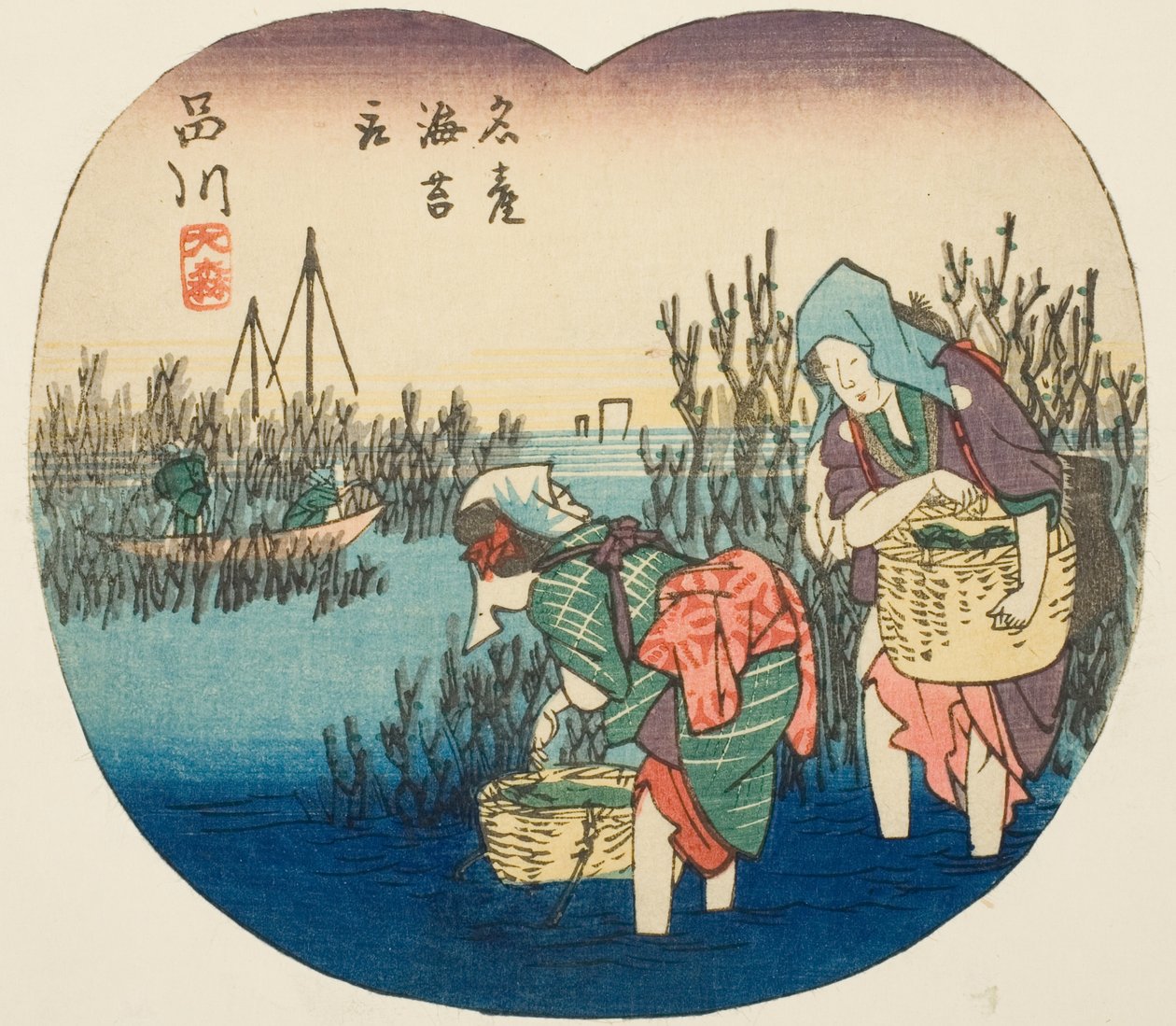 Sběr mořských řas v Omori v Shinagawa (Shinagawa, Omori, meisan nori tori), část listu č. 1 ze série "Vystřižené obrázky Tokaidské cesty (Tokaido harimaze zue)" od Utagawa Hiroshige