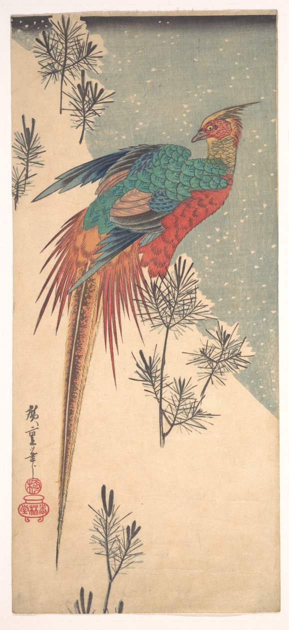 Zlatý bažant a borovicové výhonky ve sněhu od Utagawa Hiroshige
