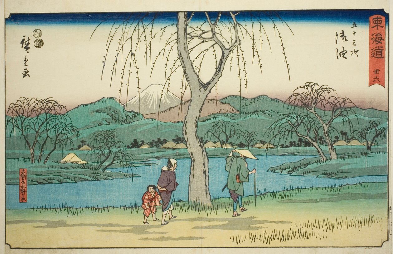 Goyu: Motono Plain podél staré cesty (Kokaido Motonogahara) – č. 36, ze série „Padesát tři stanic Tokaida (Tokaido gojusan tsugi)“, známé také jako Reisho Tokaido od Utagawa Hiroshige