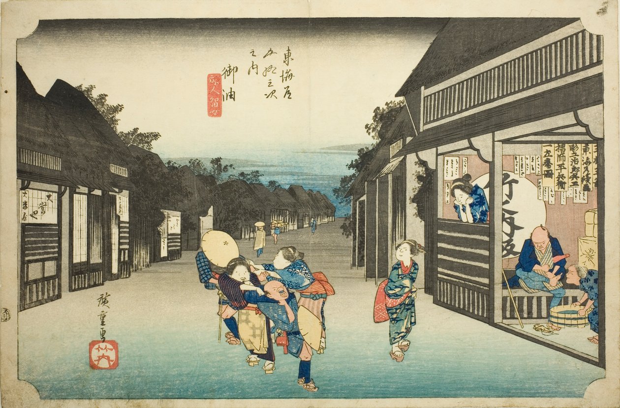 Goyu: Ženy zastavující cestovatele (Goyu tabibito tomeru onna), ze série „Padesát tři stanic Tokaida (Tokaido gojusan tsugi no uchi), známé také jako Hoeido Tokaido od Utagawa Hiroshige