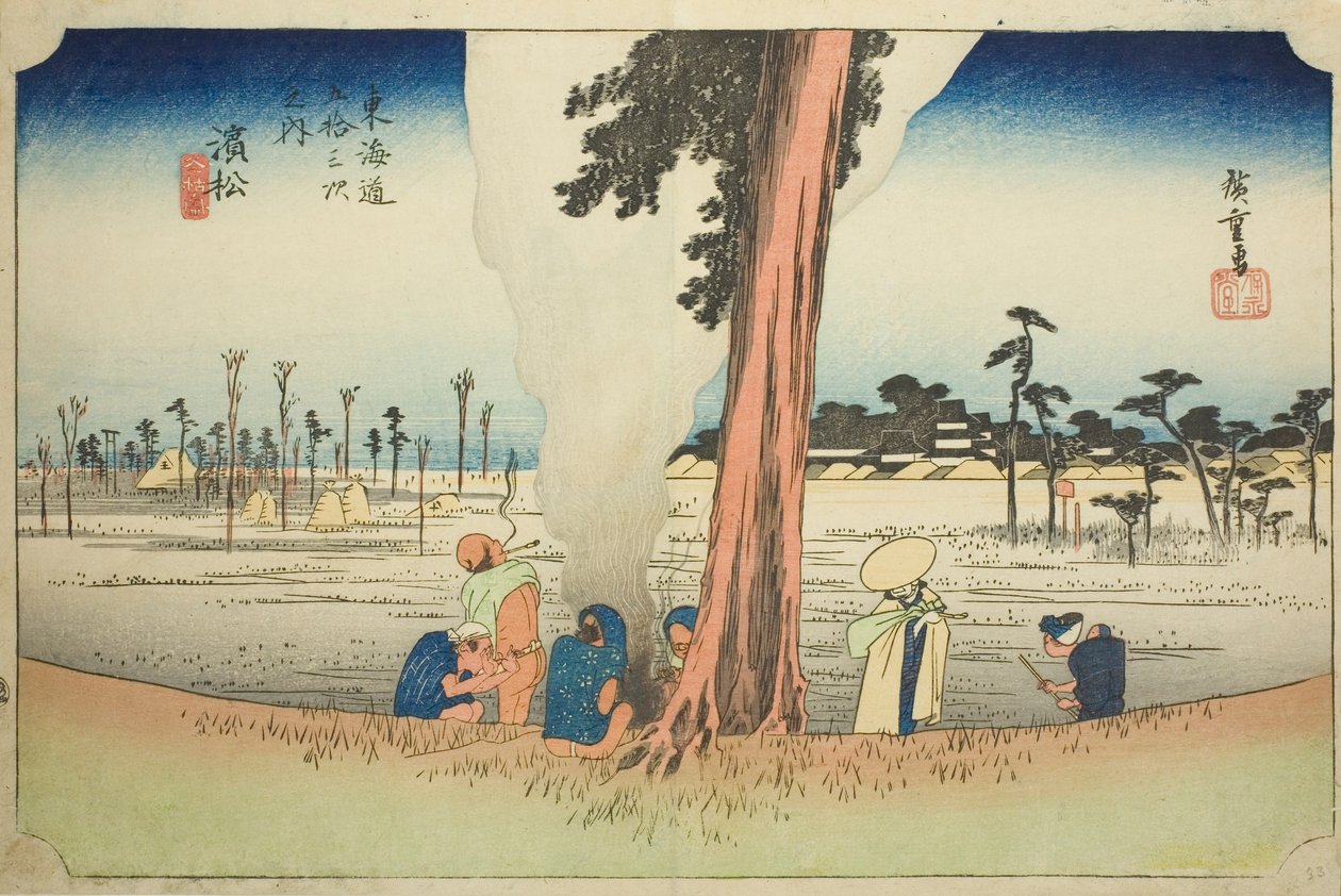 Hamamatsu: Zimní scéna (Hamamatsu, fuyugare no zu), ze série "Padesát tři stanic Tokaida (Tokaido gojusan tsugi no uchi)", také známé jako Hoeido Tokaido od Utagawa Hiroshige