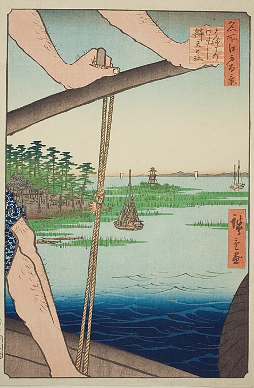 Přívoz Haneda a svatyně Benten (Haneda no watashi Benten no yashiro), č. 72 ze série "Sto slavných pohledů na Edo (Meisho Edo hyakkei)". od Utagawa Hiroshige