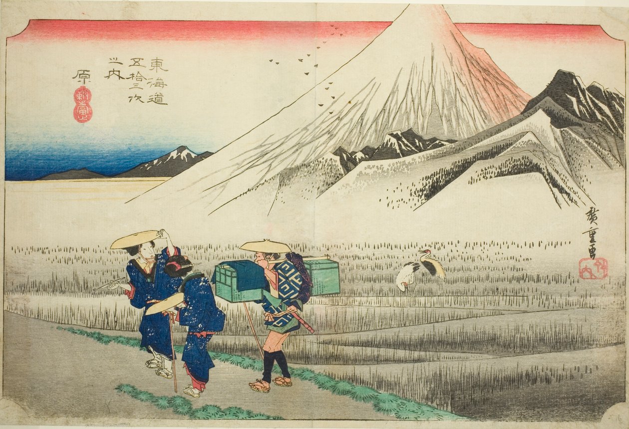 Hara: Hora Fudži v dopoledních hodinách (Hara, asa no Fuji), ze série „Padesát tři stanic tokaidské silnice (Tokaido gojusan tsugi no uchi)“, také známé jako Hoeido Tokaido od Utagawa Hiroshige