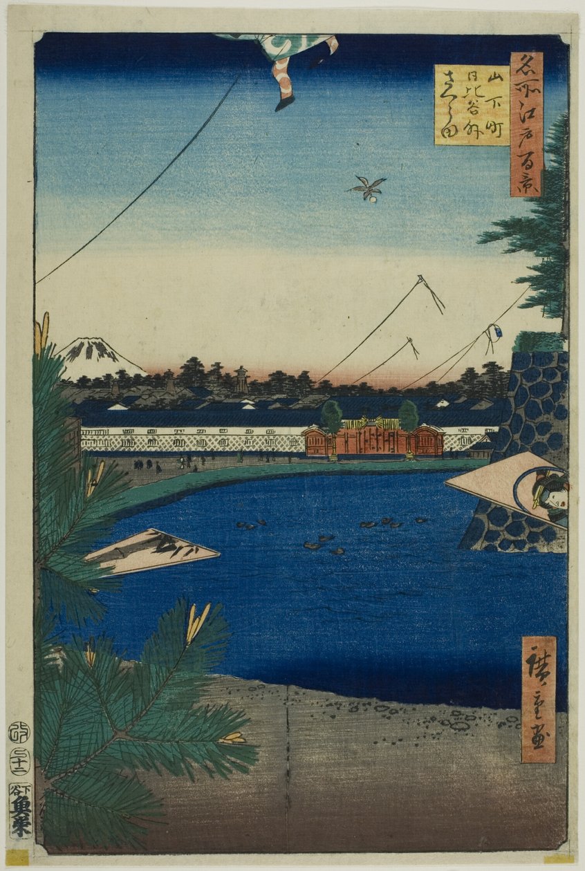 Hibija a Soto-Sakurada z Jamašita-čó (Jamašita-čó Hibija Soto-Sakurada), ze série "Sto slavných pohledů na Edo (Meisho Edo hyakkei)". od Utagawa Hiroshige