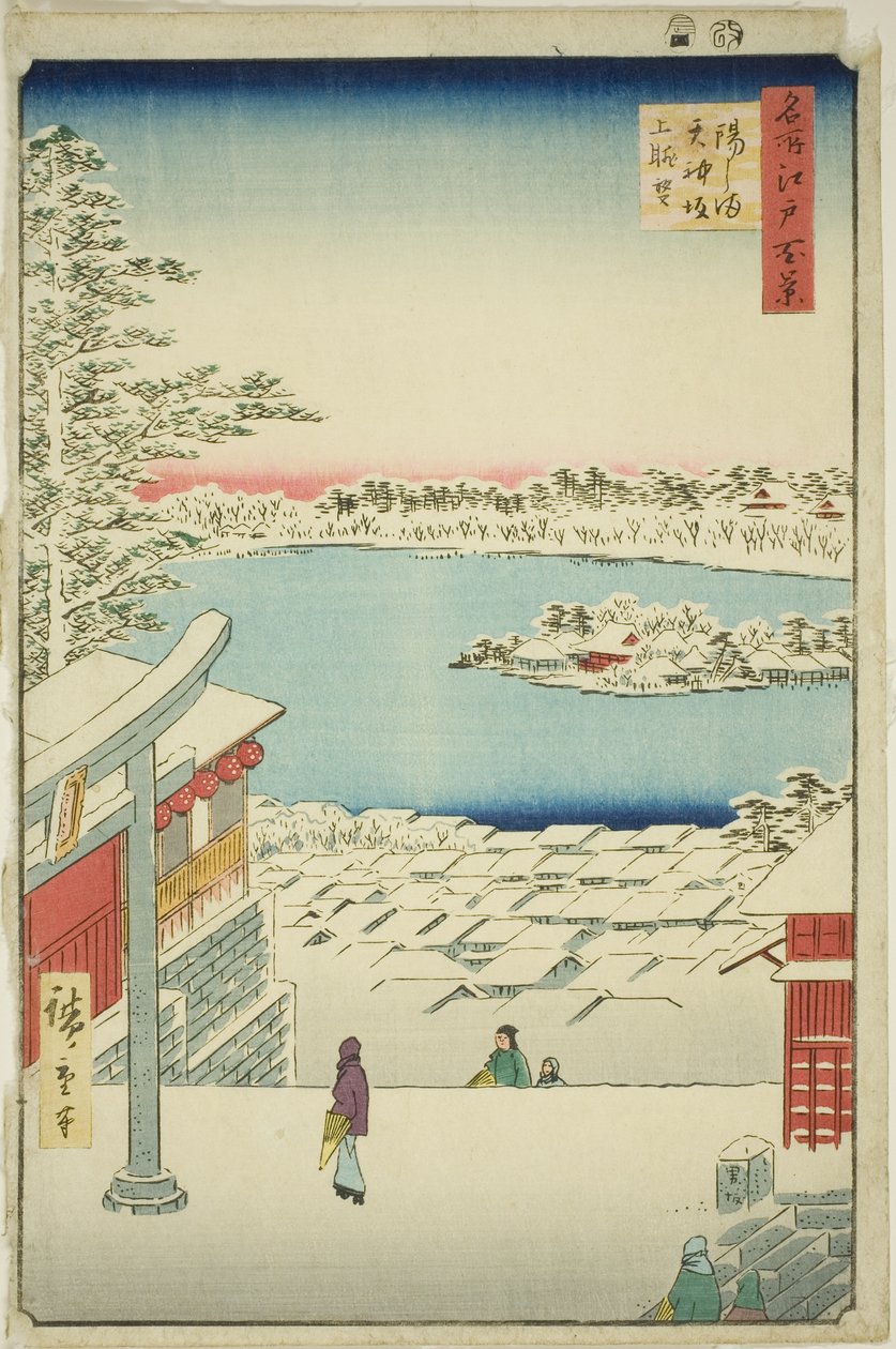 Pull l and p View w z Yushima Tenjin Sh Line (Yushima Tenjin Sakaue Tembo), ze série „Hřeben pro hřebeny pohledy na Edo (Sto slavných pohledů na Edo)“ od Utagawa Hiroshige