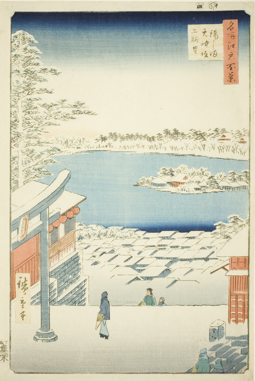 Pull l and p View w z Yushima Tenjin Sh Line (Yushima Tenjin Sakaue Tembo), ze série „Hřeben pro hřebeny pohledy na Edo (Sto slavných pohledů na Edo)“ od Utagawa Hiroshige