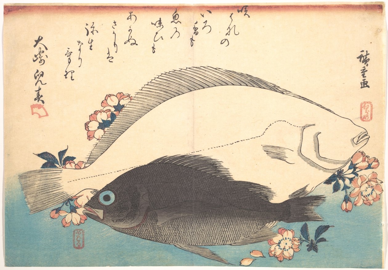 Ryby hirame a mebaru s třešňovými květy, ze série Uozukushi - Všechny druhy ryb od Utagawa Hiroshige