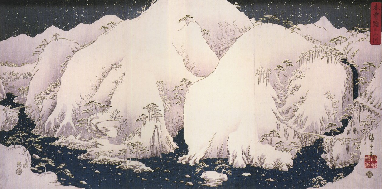 Hirošige, Řeka mezi zasněženými horami od Utagawa Hiroshige