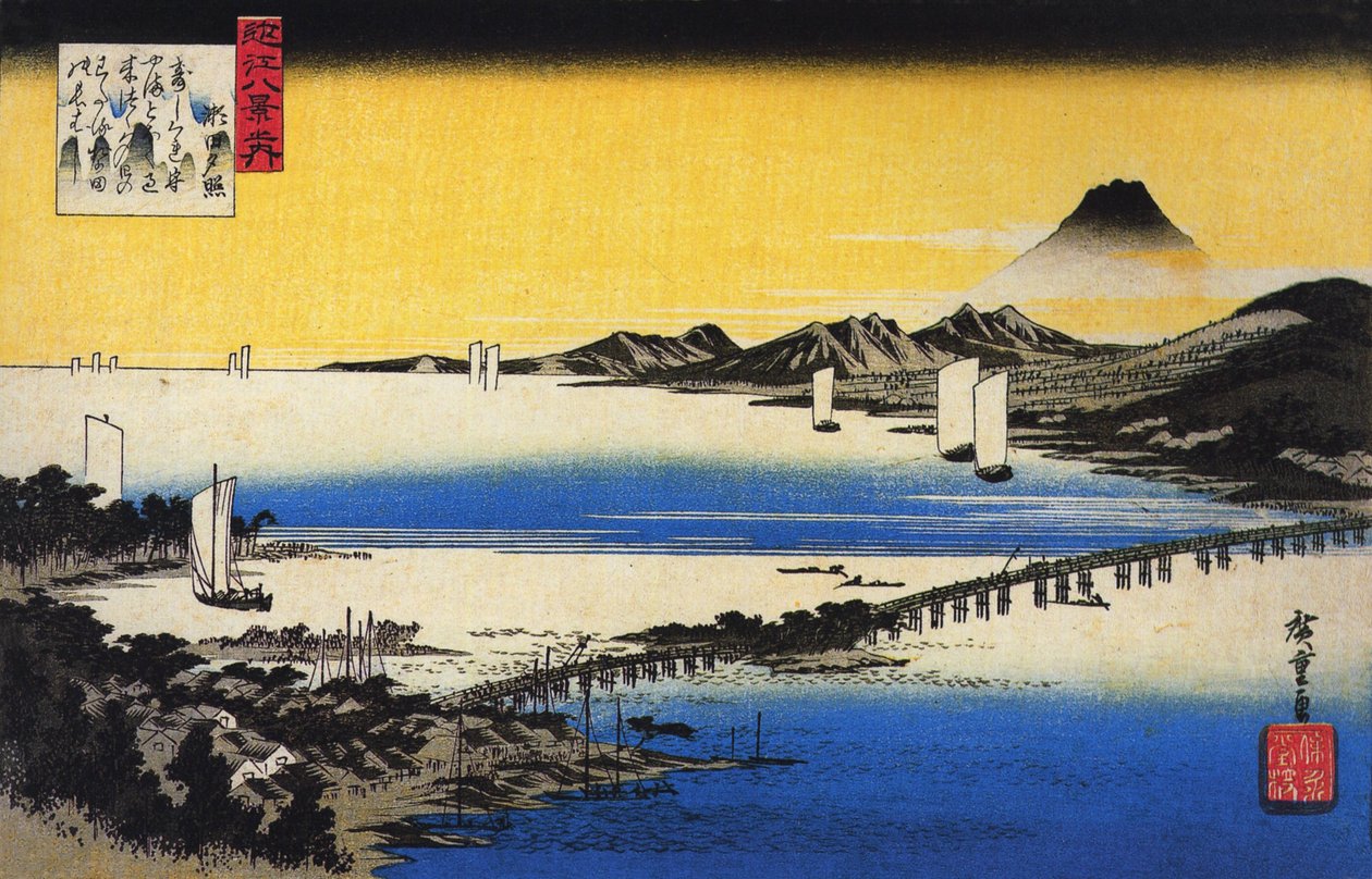 Hirošige Pohled na dlouhý most přes jezero od Utagawa Hiroshige