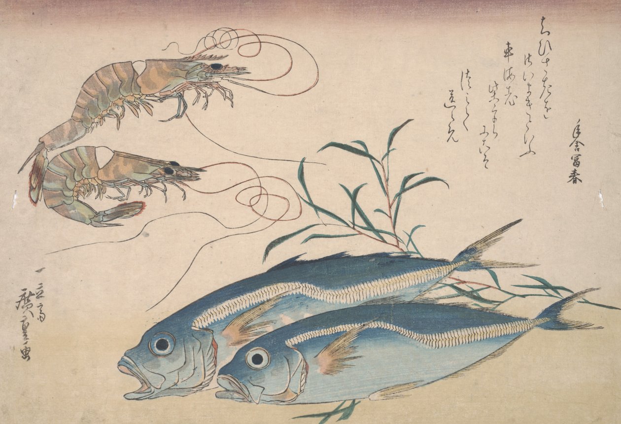 Makrela, sladkovodní krevety a mořské řasy, c.1832 od Utagawa Hiroshige