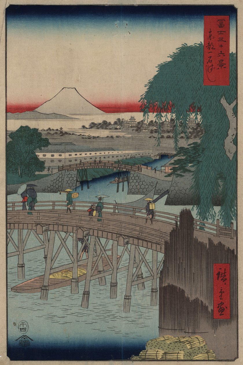 Most Ichikobu Ze série 36 pohledů na horu Fuji, 1858 od Utagawa Hiroshige