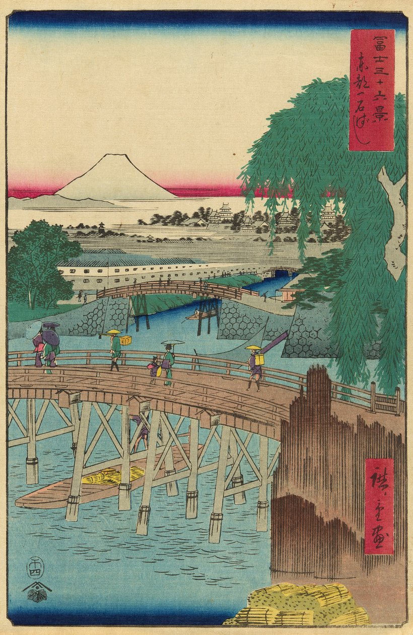 Most Ichikoku ve východním hlavním městě (Toto Ichikokubashi), ze série „Třicet šest pohledů na horu Fuji (Fuji sanjurokkei)“ od Utagawa Hiroshige