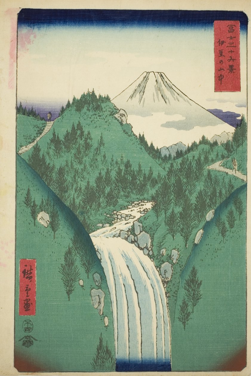 V horách provincie Izu (Izu no sanchu), ze série „Třicet šest pohledů na horu Fuji (Fuji sanjurokkei)“ od Utagawa Hiroshige