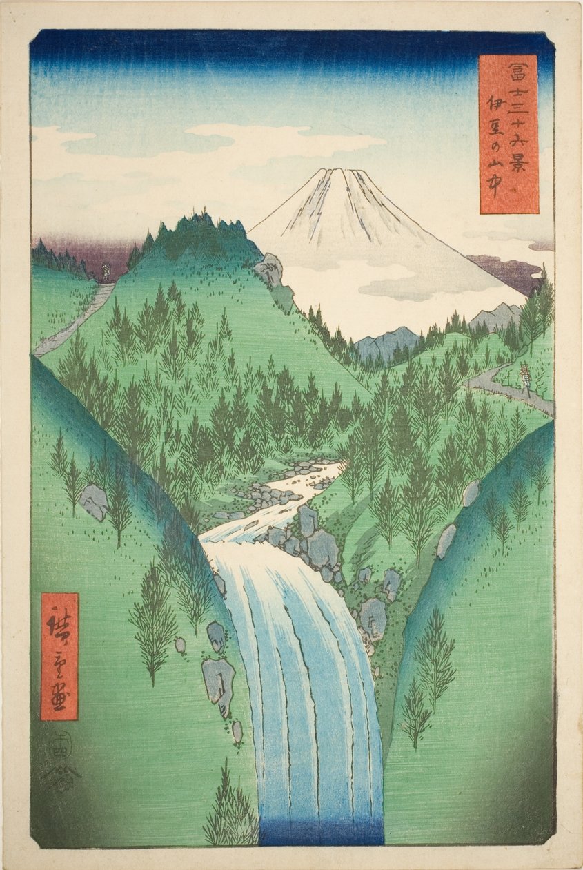 V horách provincie Izu (Izu no sanchu), ze série „Třicet šest pohledů na horu Fuji (Fuji sanjurokkei)“ od Utagawa Hiroshige