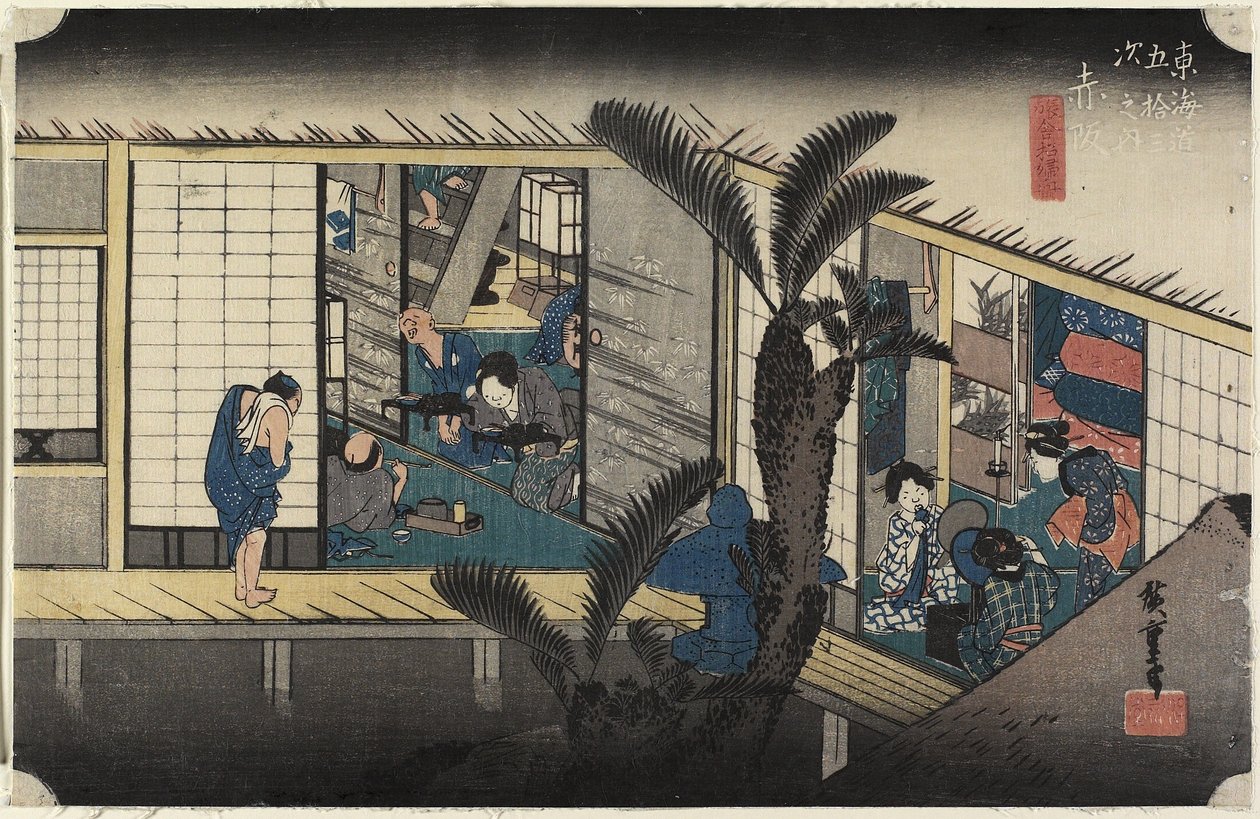 Hostinec s sloužícími, Akasaka, c. 1833 od Utagawa Hiroshige