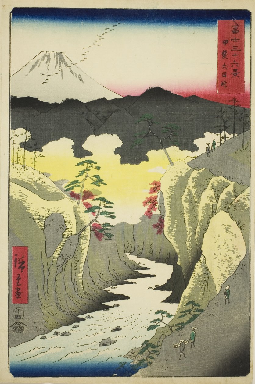 Průsmyk Inume v provincii Kai (Kai Inume toge), ze série „Třicet šest pohledů na horu Fuji (Fuji sanjurokkei)“ od Utagawa Hiroshige