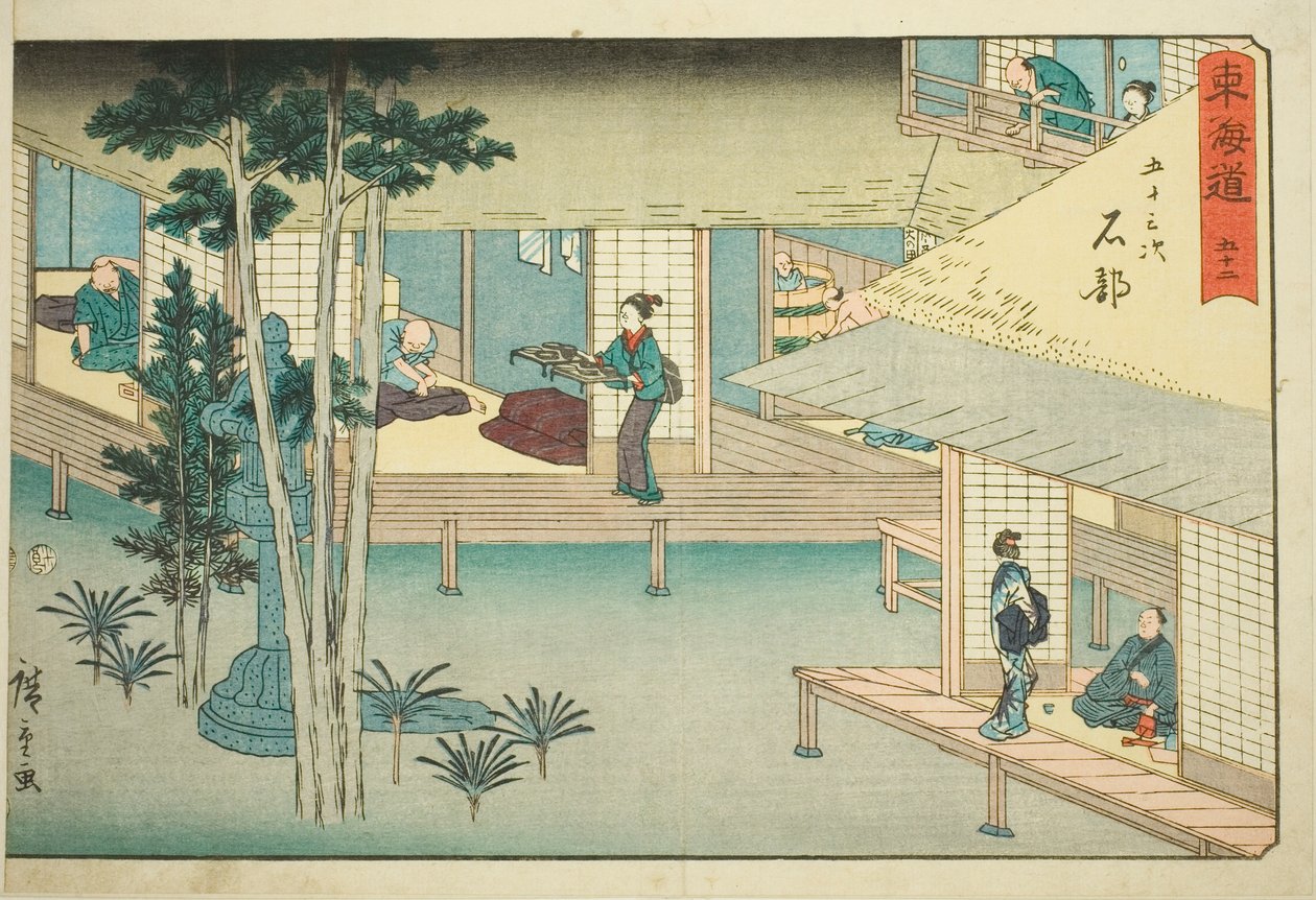 Ishibe – Ne. 52, ze série "Padesát tři stanic Tokaida (Tokaido gojusan tsugi)," také známé jako Reisho Tokaido od Utagawa Hiroshige