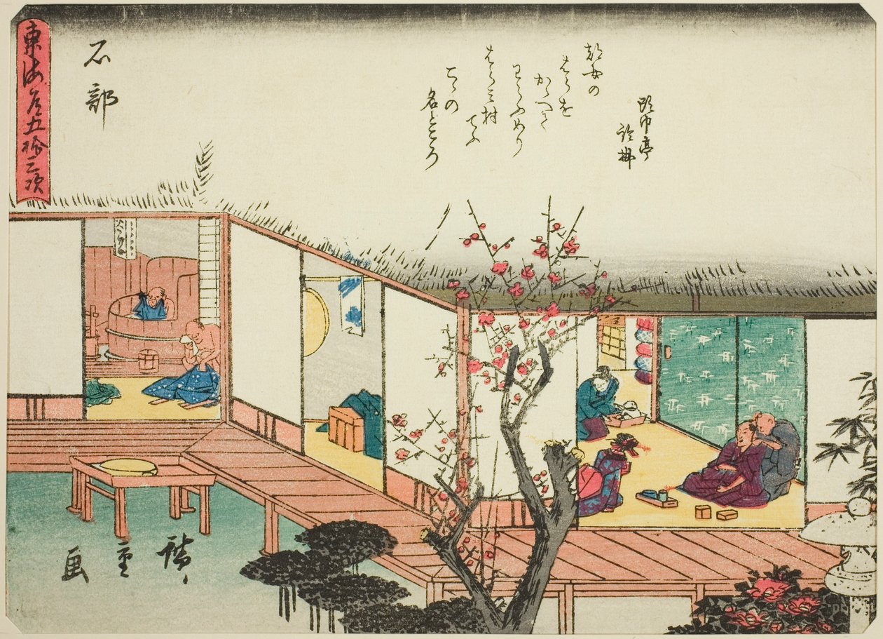 Ishibe, ze série "Padesát tři stanic Tokaida (Tokaido gojusan tsugi)," také známé jako Tokaido s básní (Kyoka iri Tokaido) od Utagawa Hiroshige