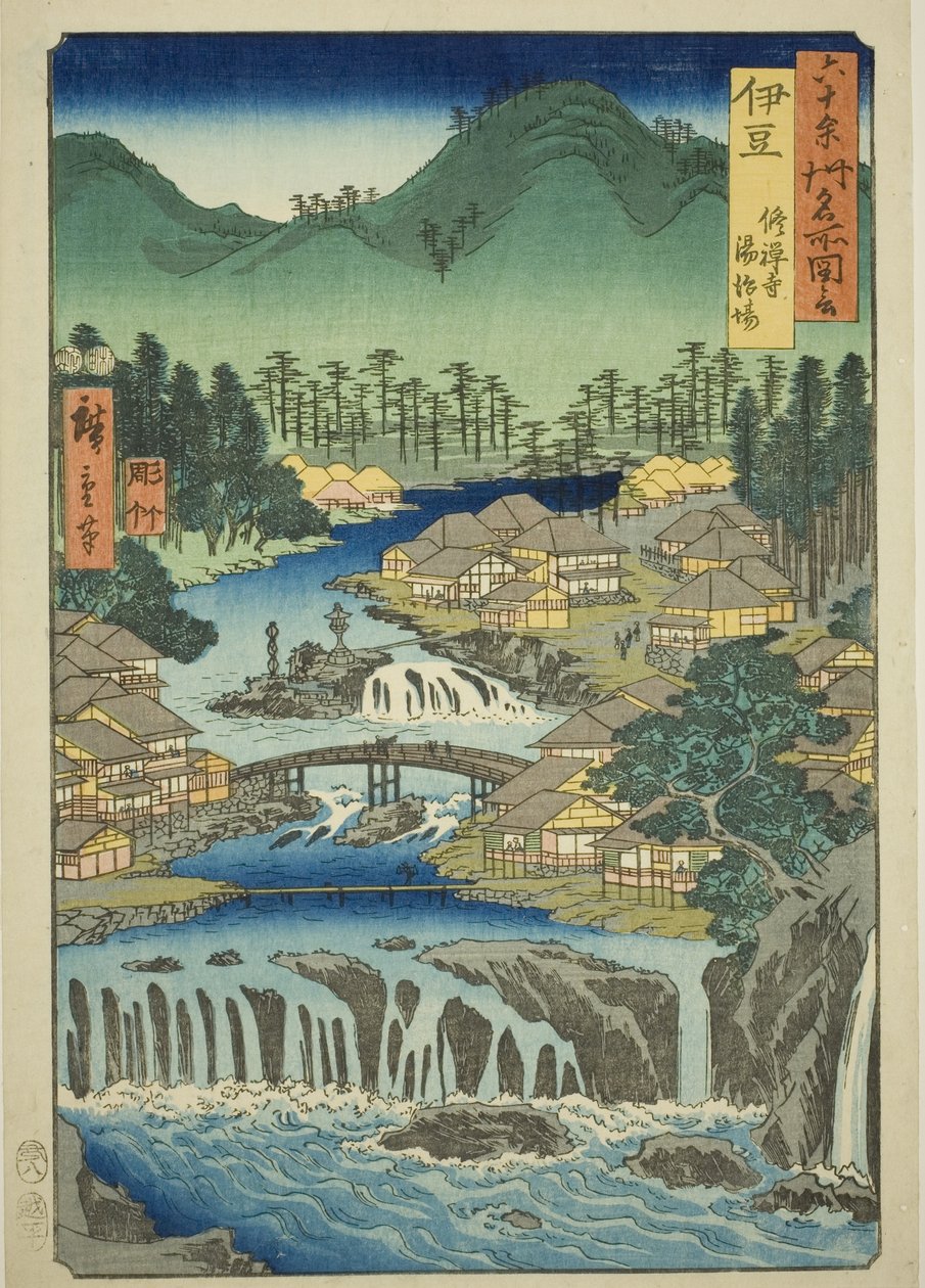 Provincie Izu: Horké prameny chrámu Shuzen (Izu, Shuzenji tojiba), ze série „Slavná místa v šedesáti lichých provinciích (Rokujuyoshu meisho zue)“ od Utagawa Hiroshige